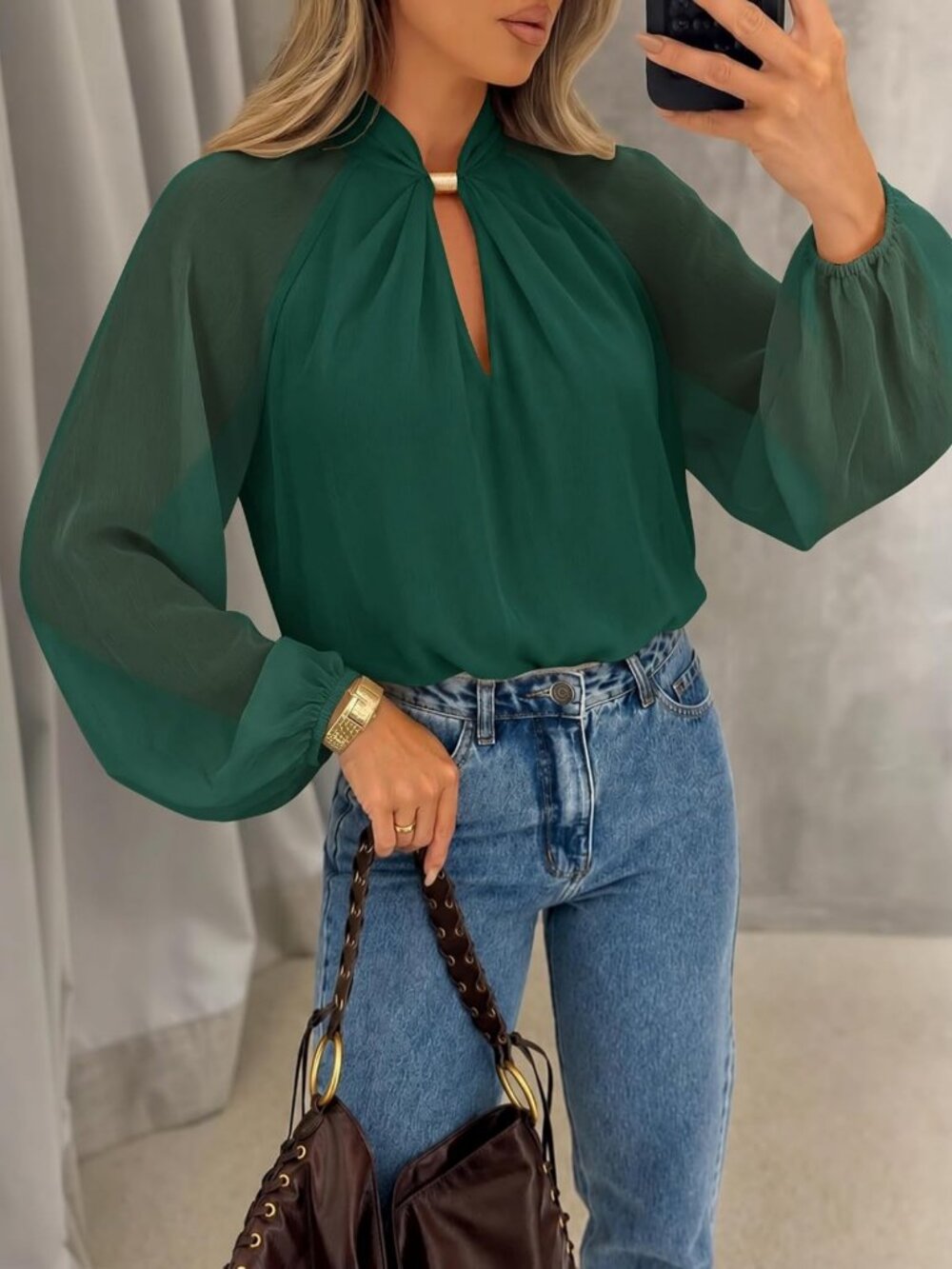 Chic Women's Long Sleeve Chiffon Blouse - Dressy Casual Work Top for Fall - Picture 6 of 6